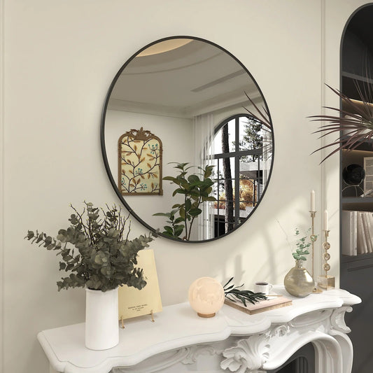 Round Metal Black Frame Bathroom Vanity Mirror - Wall Mounted