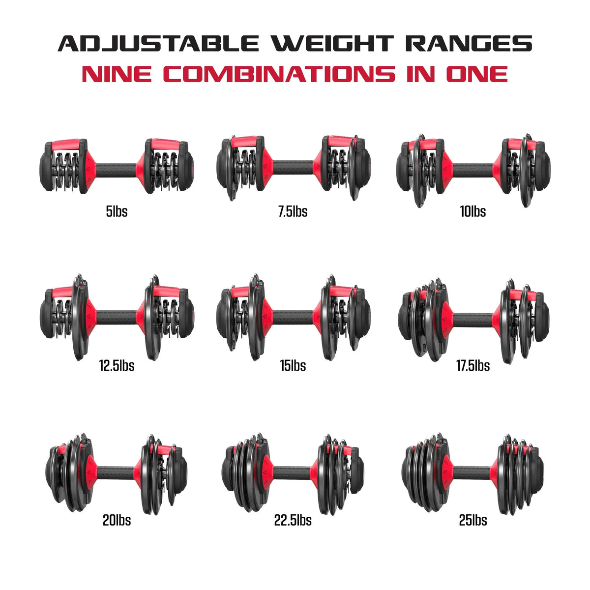 FitRx SmartBell Adjustable Dumbbell Set, 2-Pack, 25lb, 9-in-1 Quick-Select Weights, 2.5lb Increments