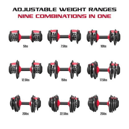 FitRx SmartBell Adjustable Dumbbell Set, 2-Pack, 25lb, 9-in-1 Quick-Select Weights, 2.5lb Increments
