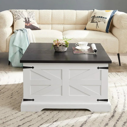 Farmhouse Square Lift-Top Coffee Table With Hidden Storage, White, 31.5 x 31.5 x 18.5 in