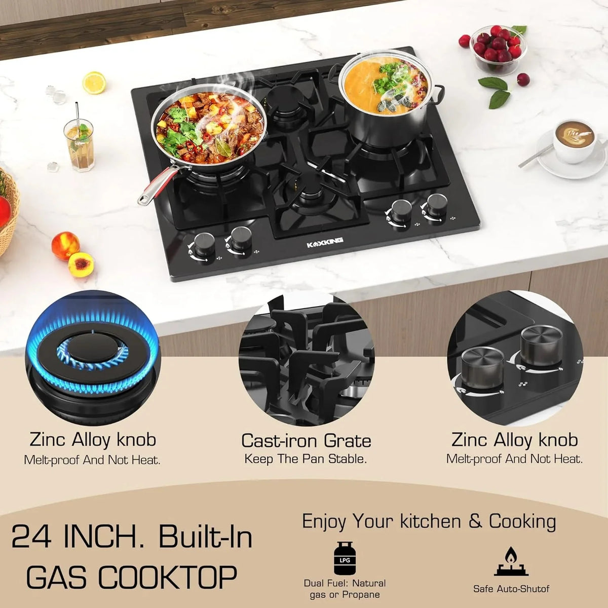 KOXKING 24 Inch Black Built-In Gas Cooktop, 4 Burner, Natural Gas & Propane