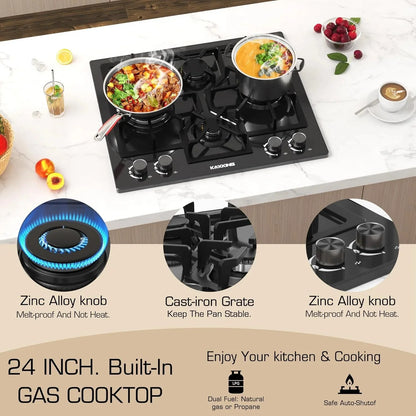 KOXKING 24 Inch Black Built-In Gas Cooktop, 4 Burner, Natural Gas & Propane
