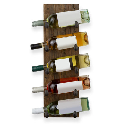 5 Bottle Wood Wall-Mounted Wine Rack, Walnut, 24in W - 10 Cast Iron Hooks