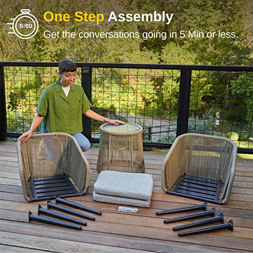 East Oak 3-Piece Handwoven Wicker Patio Bistro Set With Cushions And Glass Table, 25 W x 24 D x 32 H