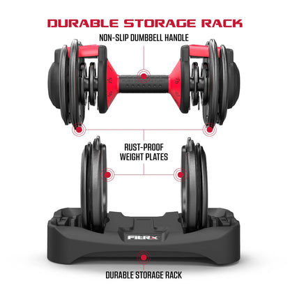FitRx SmartBell Adjustable Dumbbell Set, 2-Pack, 25lb, 9-in-1 Quick-Select Weights, 2.5lb Increments