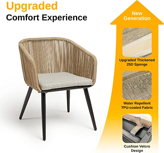 East Oak 3-Piece Handwoven Wicker Patio Bistro Set With Cushions And Glass Table, 25 W x 24 D x 32 H
