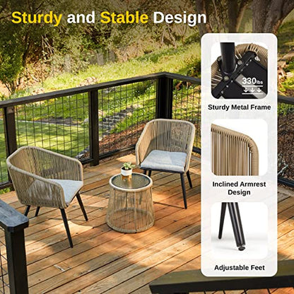 East Oak 3-Piece Handwoven Wicker Patio Bistro Set With Cushions And Glass Table, 25 W x 24 D x 32 H
