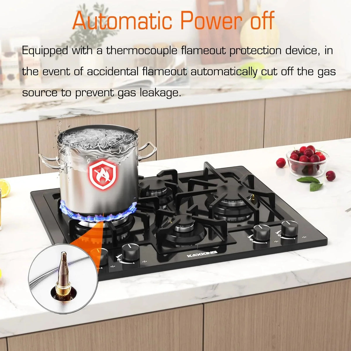 KOXKING 24 Inch Black Built-In Gas Cooktop, 4 Burner, Natural Gas & Propane