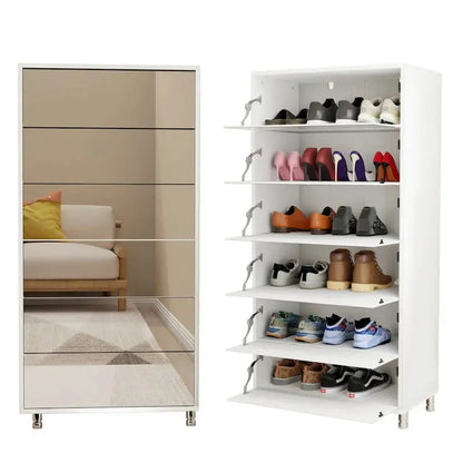 Flip-Door Mirror Shoe Cabinet 6-Tier Organizer With Metal Legs And Touch-Sensitive Drawers