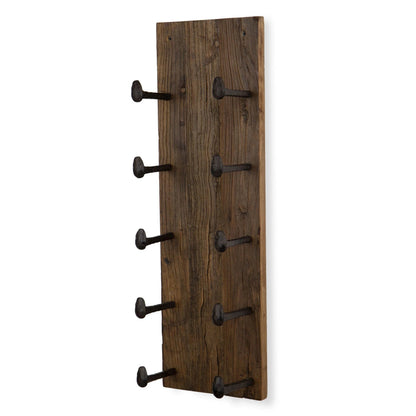 5 Bottle Wood Wall-Mounted Wine Rack, Walnut, 24in W - 10 Cast Iron Hooks