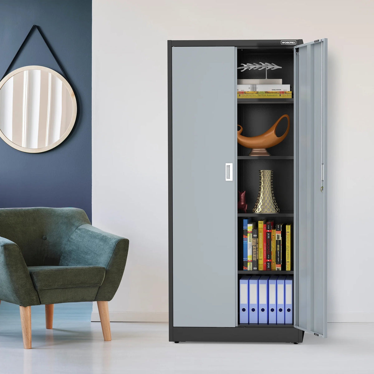 WORKPRO Metal Storage Cabinet With Locking Doors, Adjustable Shelves, Black, 71 Inches Tall - 31-1/2 x 15-3/4 Inch