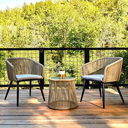 East Oak 3-Piece Handwoven Wicker Patio Bistro Set With Cushions And Glass Table, 25 W x 24 D x 32 H