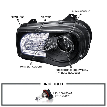 Spec-D Tuning Black LED Strip Projector Headlight Assembly Pair - 2005-2010 Chrysler 300C AWD HEMI SRT-8