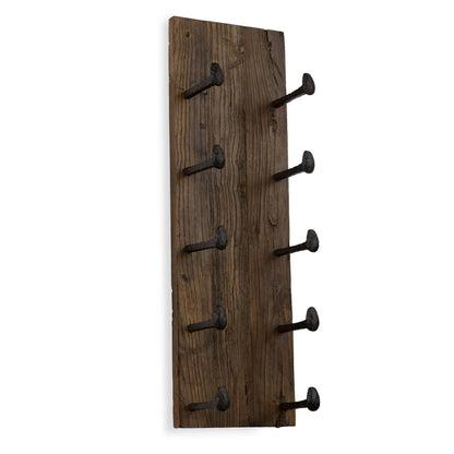 5 Bottle Wood Wall-Mounted Wine Rack, Walnut, 24in W - 10 Cast Iron Hooks