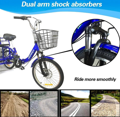 WEIMMIN Adult Folding Tricycle, 20 Inch, 3 Wheel, 7 Speed, Star Strip Blue