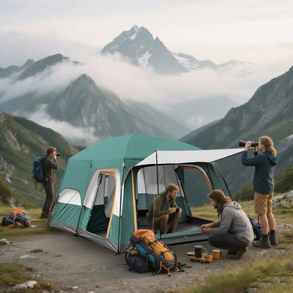 KFeng 12 Person Camping Tent, 2 Rooms, 3 Mesh Doors, 3 Mesh Windows, Brown