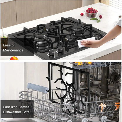 KOXKING 24 Inch Black Built-In Gas Cooktop, 4 Burner, Natural Gas & Propane